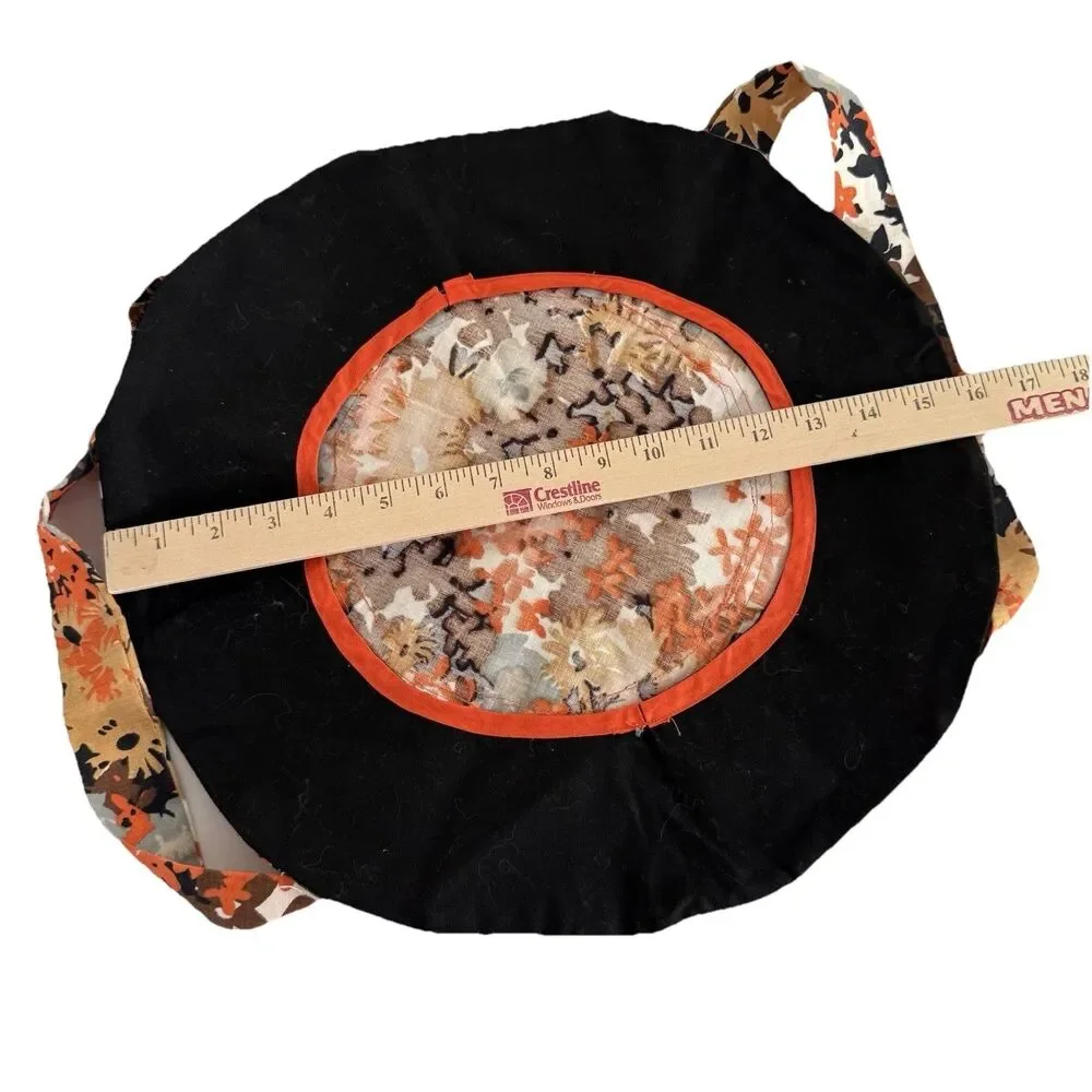 Vtg 1950s Mid Century Modern Fabric Circular Casserole Carrier Orange Brown 16
